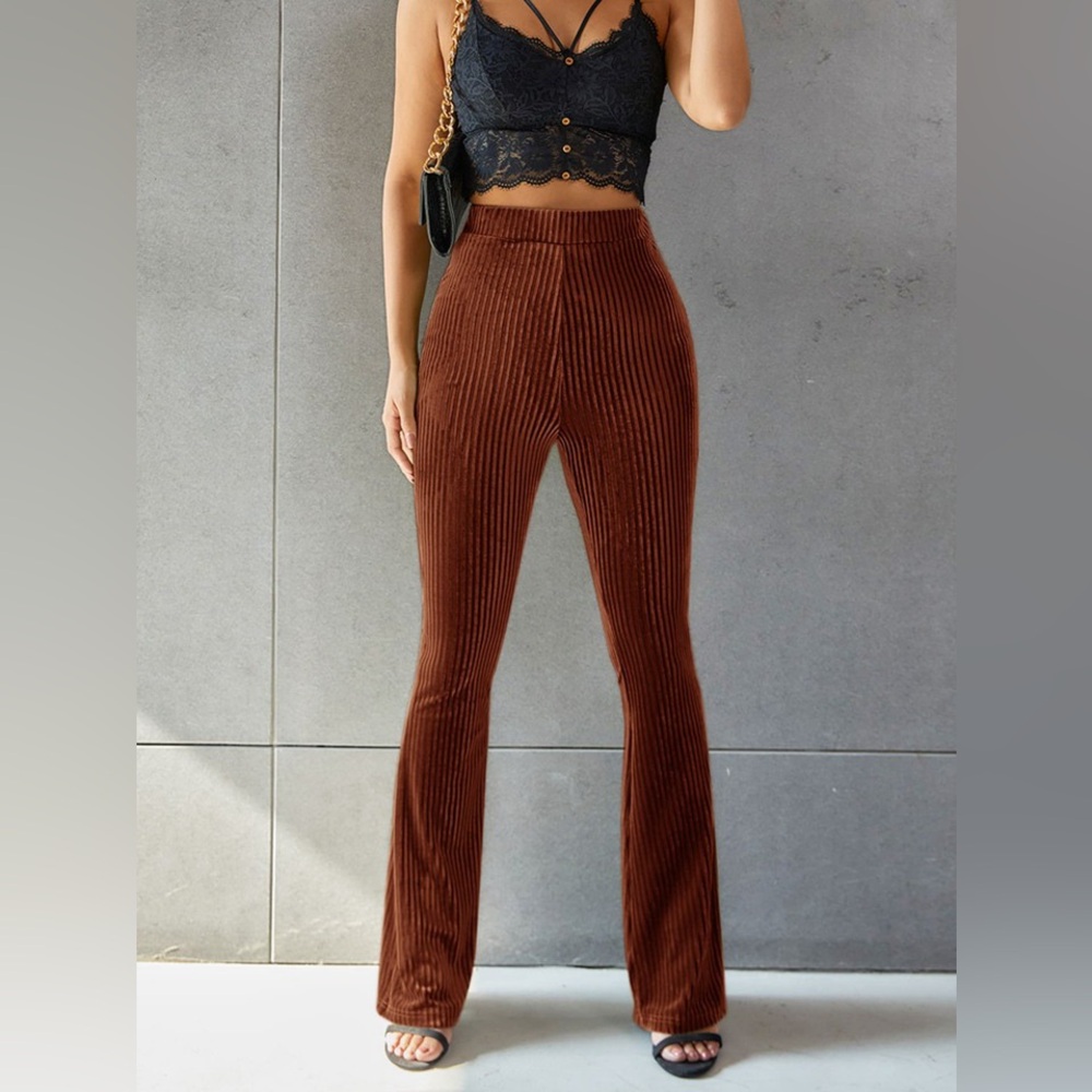 Solid Flare Leg Velvet Pants, Orange, Size Large